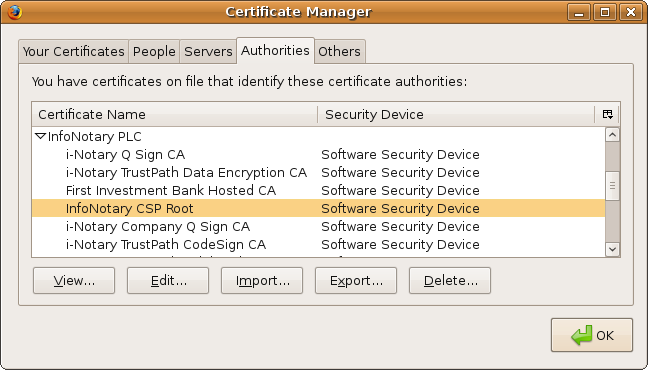 Firefox linux certificate manager authorities.png